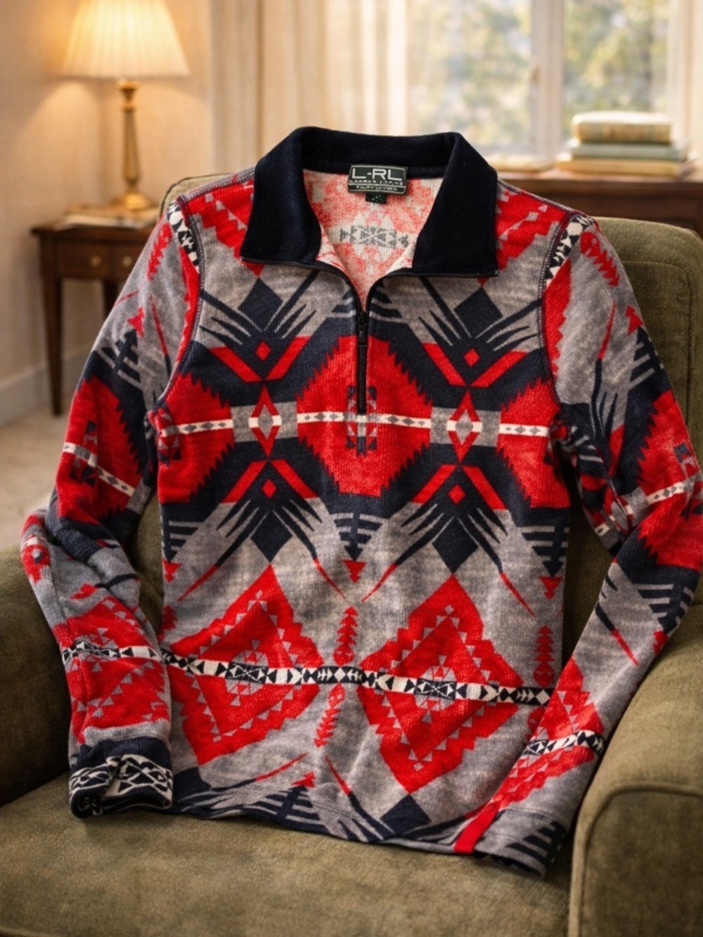 Lauren Ralph Lauren Active Aztec Southwestern Waffle Knit 1/4 Zip Pullover M